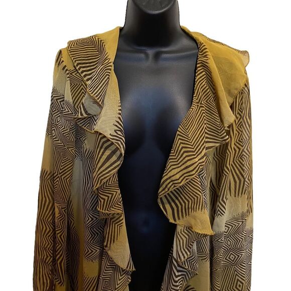 Abstract Print Ruffle Front Kimono Split Sleeves Sz L NWT - Picture 2 of 12